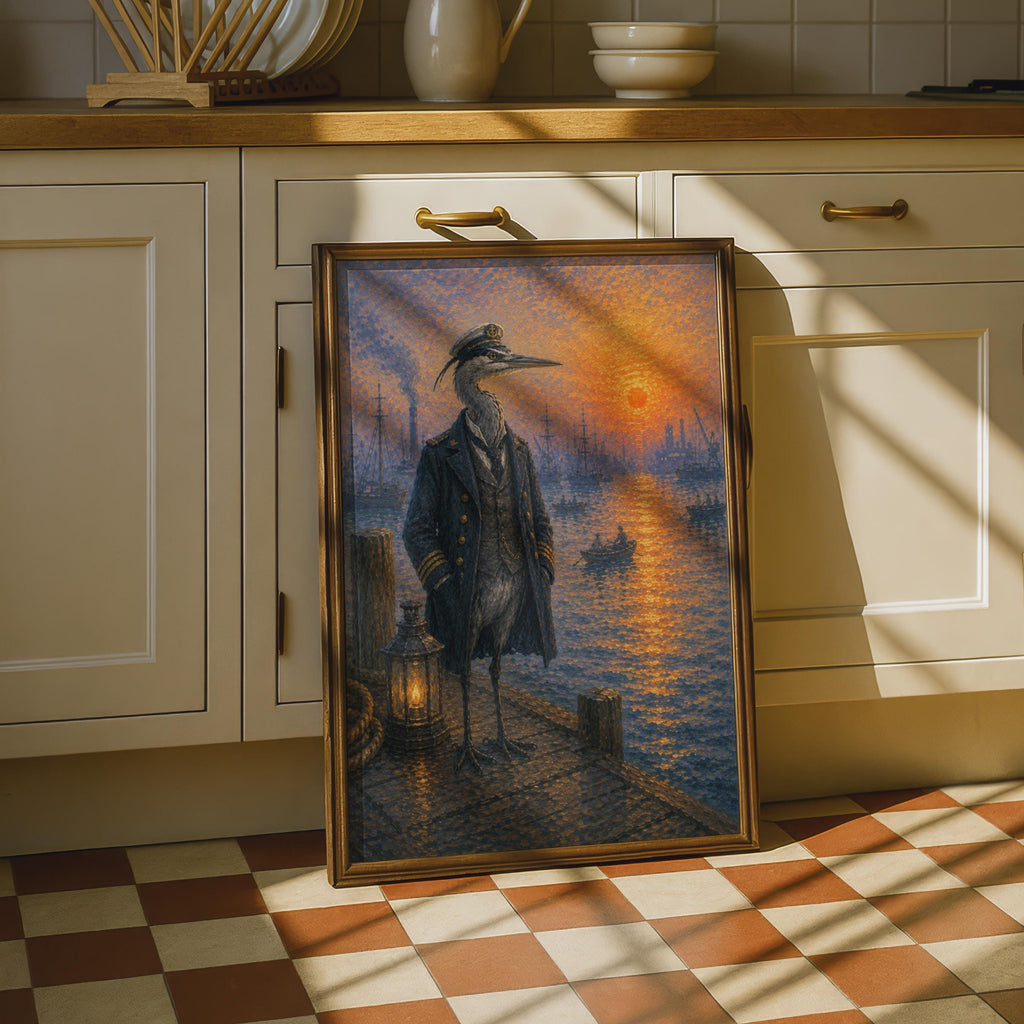 Heron Captain Nautical Poster, Pointillist Harbour Sunset Wall Art, Quirky Bird Print