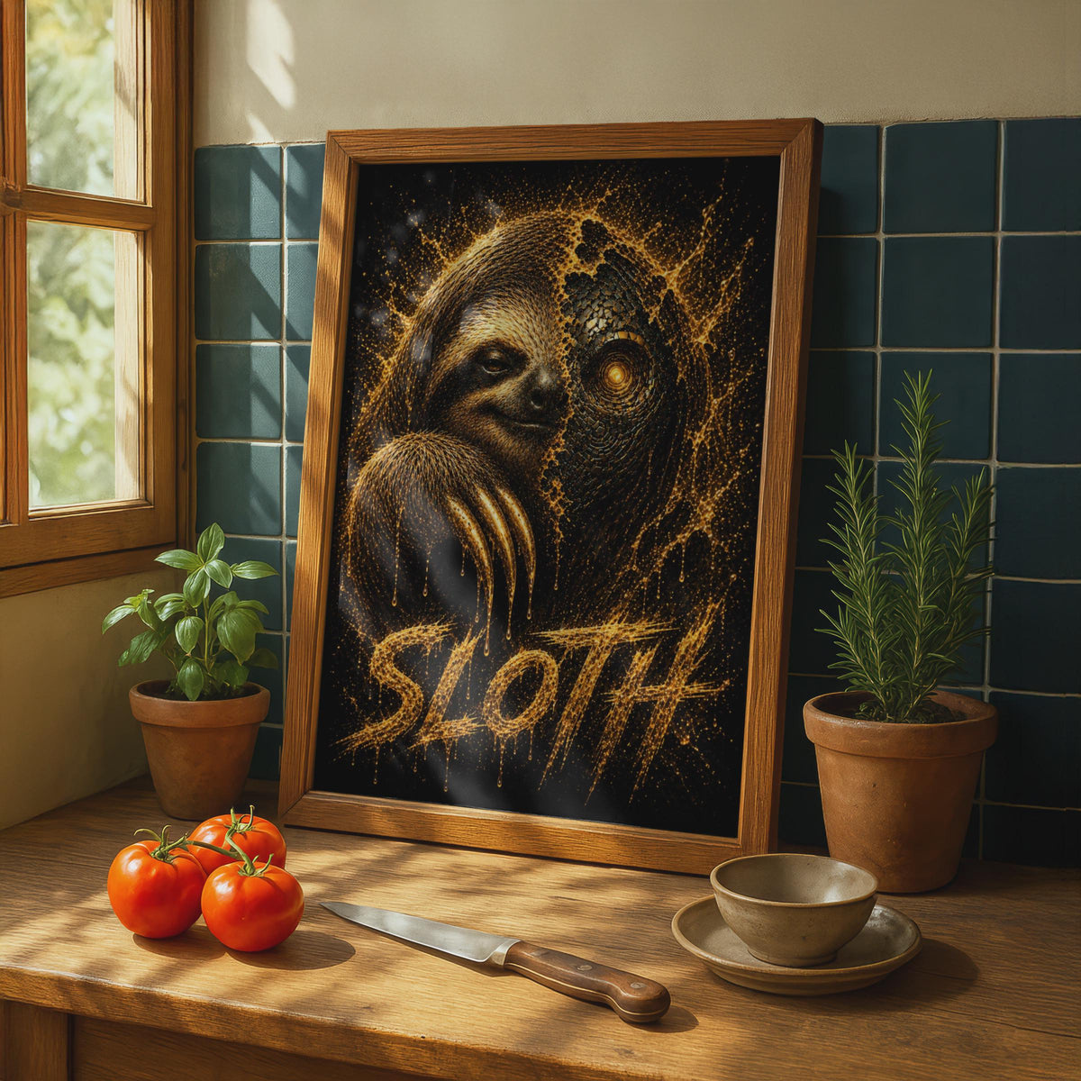 Sloth Poster, Dark Fantasy Gold Animal Wall Art, Cyber Glowing Eye, Black and Gold