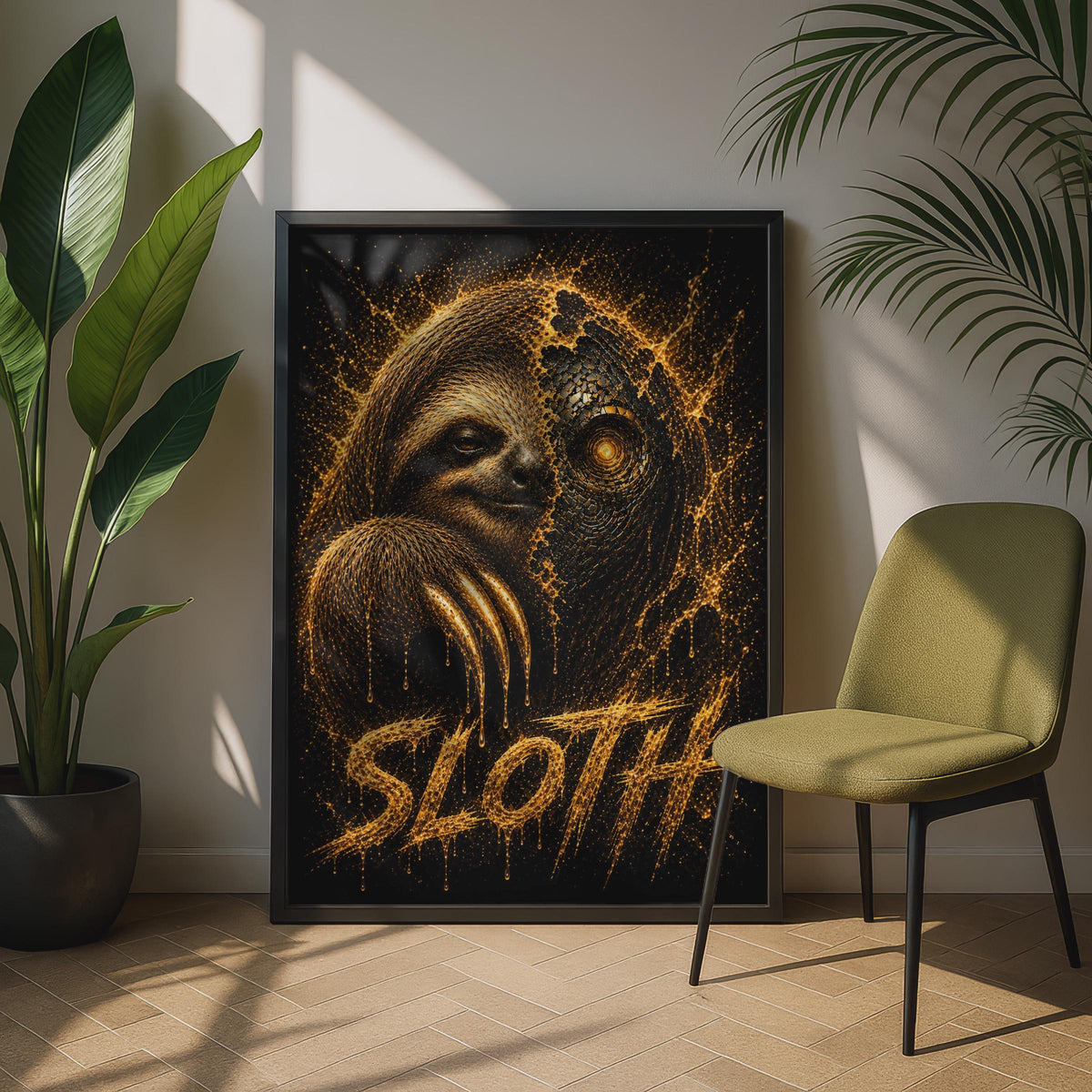 Sloth Poster, Dark Fantasy Gold Animal Wall Art, Cyber Glowing Eye, Black and Gold