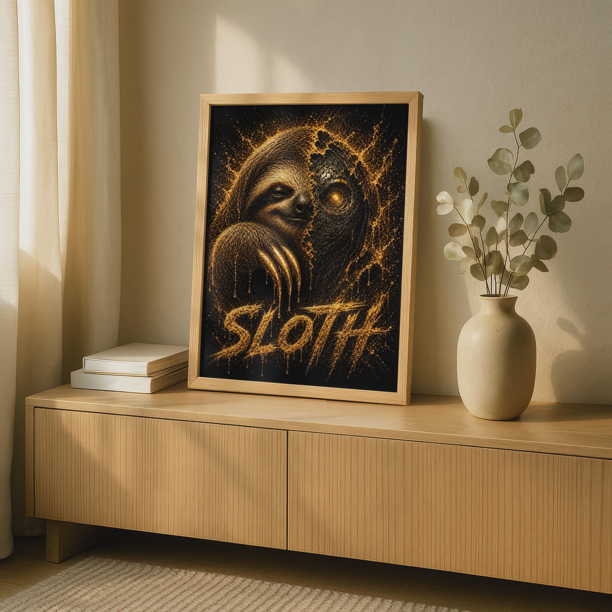 Sloth Poster, Dark Fantasy Gold Animal Wall Art, Cyber Glowing Eye, Black and Gold