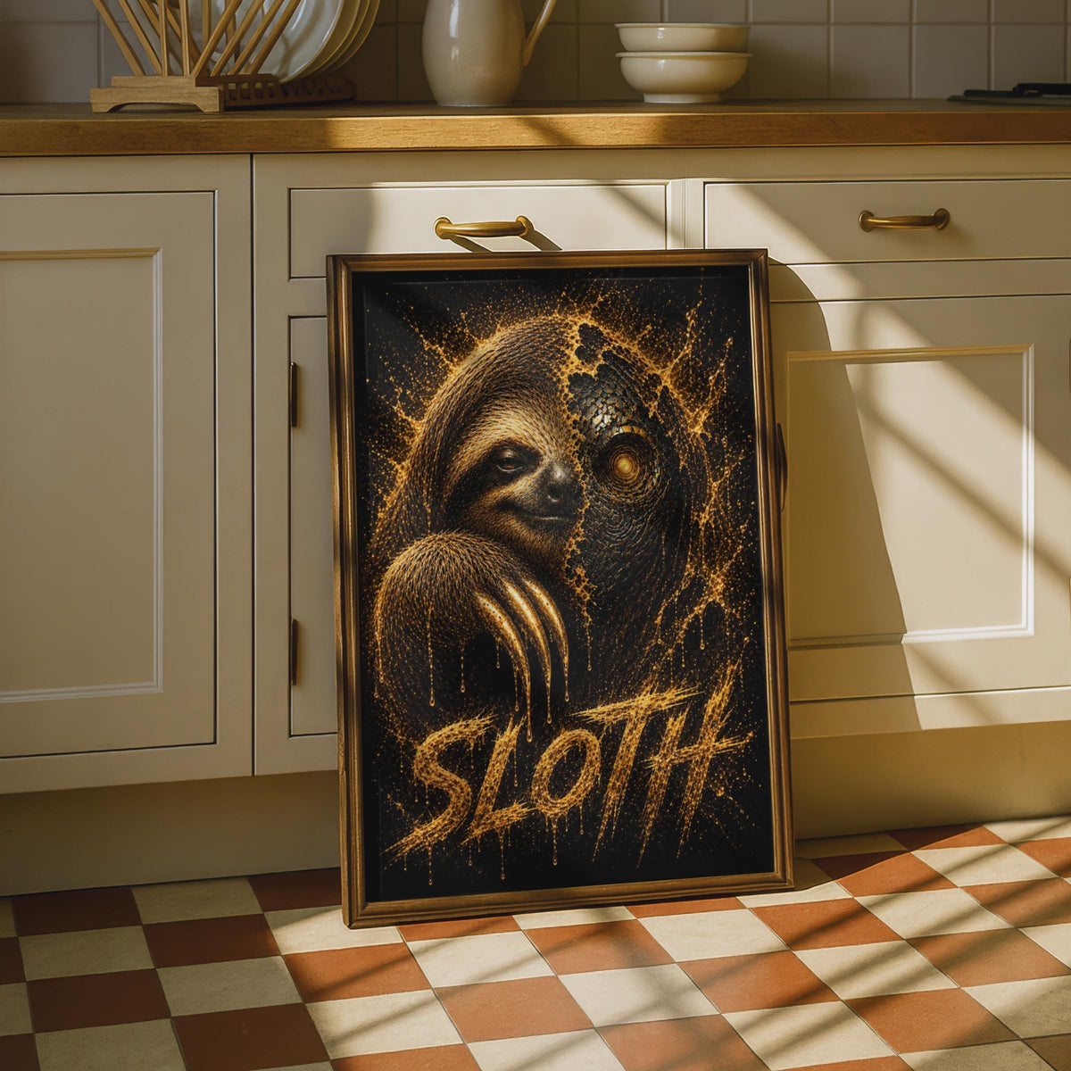 Sloth Poster, Dark Fantasy Gold Animal Wall Art, Cyber Glowing Eye, Black and Gold