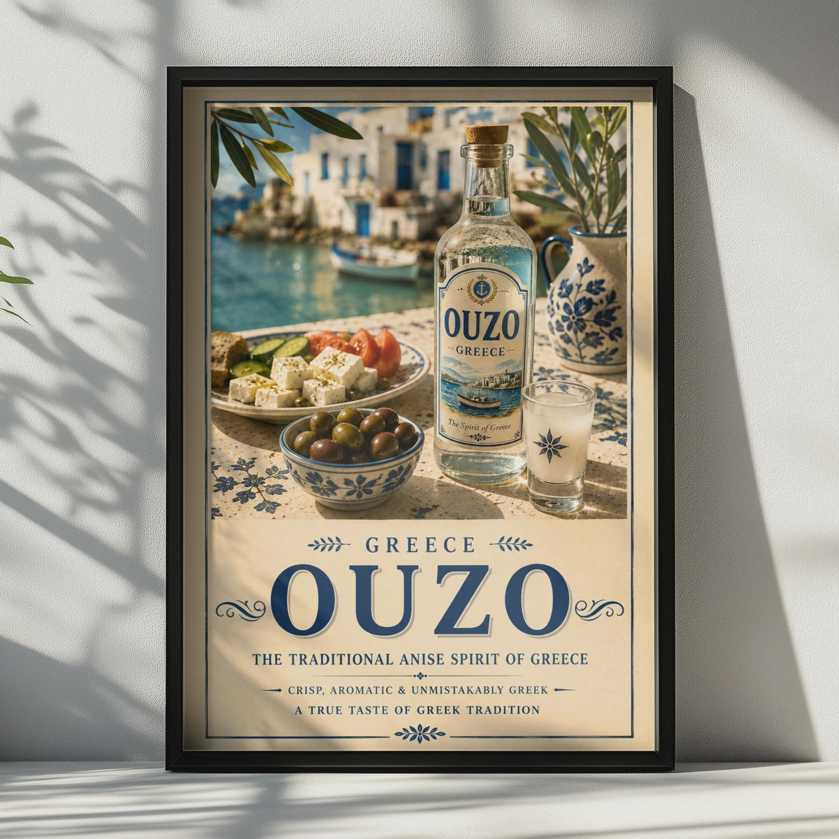 Greek Ouzo Poster, Greece Travel Wall Art, Mediterranean Kitchen Drinks Decor, Blue White