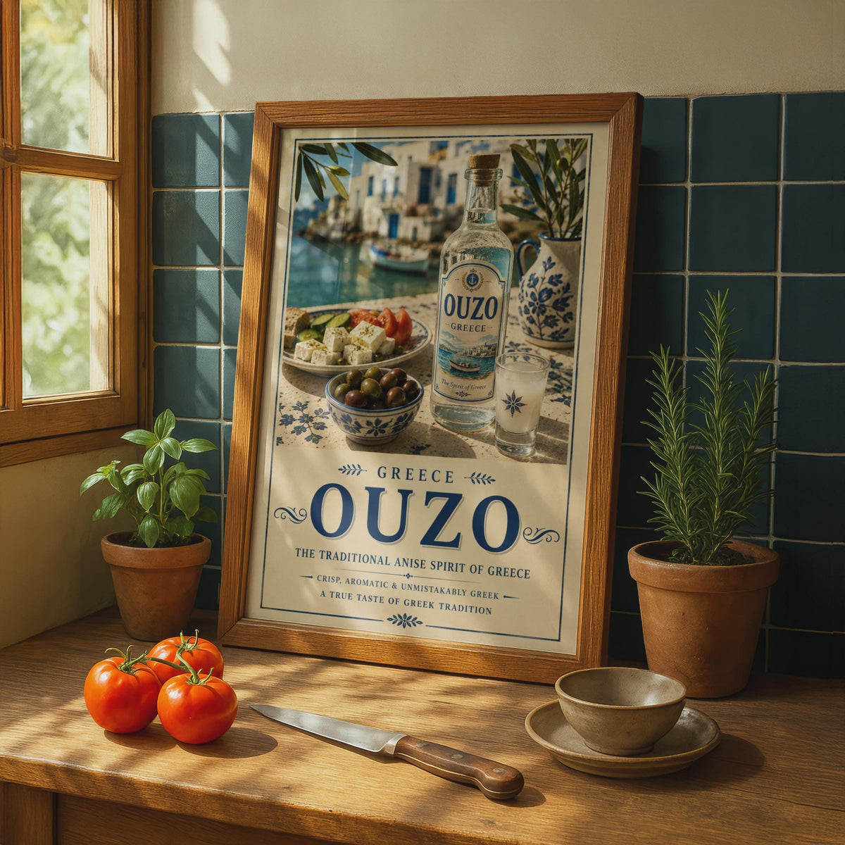 Greek Ouzo Poster, Greece Travel Wall Art, Mediterranean Kitchen Drinks Decor, Blue White