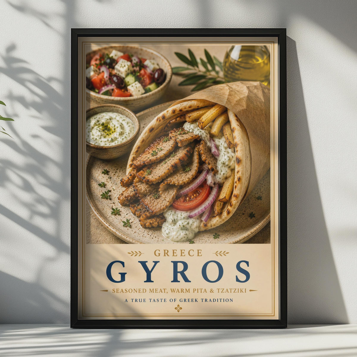 Greek Gyros Food Poster, Greece Kitchen Wall Art, Tzatziki Pita Print, Mediterranean Cuisine Decor