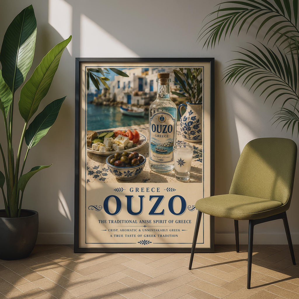 Greek Ouzo Poster, Greece Travel Wall Art, Mediterranean Kitchen Drinks Decor, Blue White