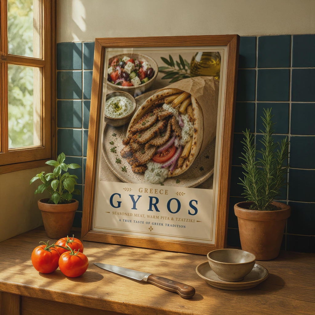 Greek Gyros Food Poster, Greece Kitchen Wall Art, Tzatziki Pita Print, Mediterranean Cuisine Decor