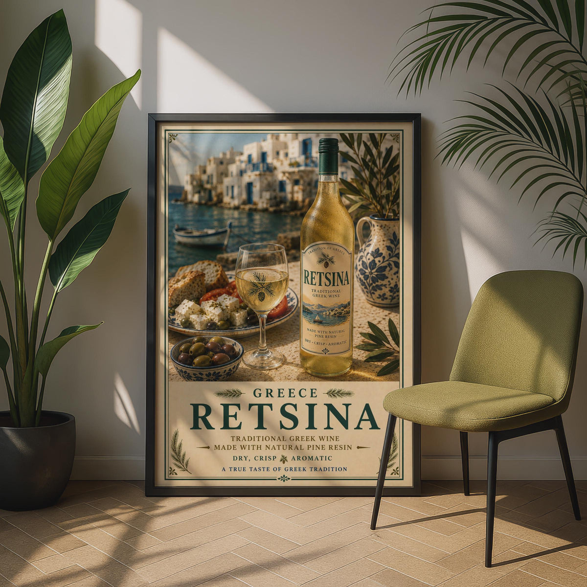 Retsina Greek Wine Poster, Traditional Greece Wall Art, Mediterranean Kitchen Decor