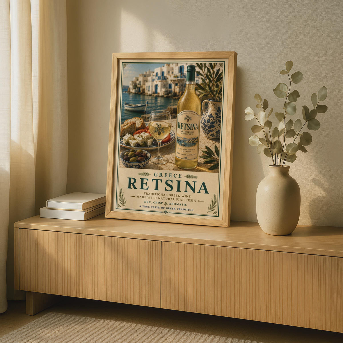 Retsina Greek Wine Poster, Traditional Greece Wall Art, Mediterranean Kitchen Decor