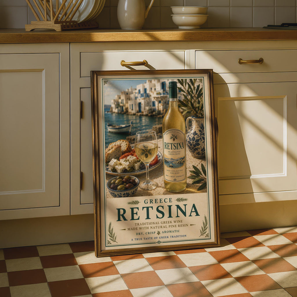 Retsina Greek Wine Poster, Traditional Greece Wall Art, Mediterranean Kitchen Decor