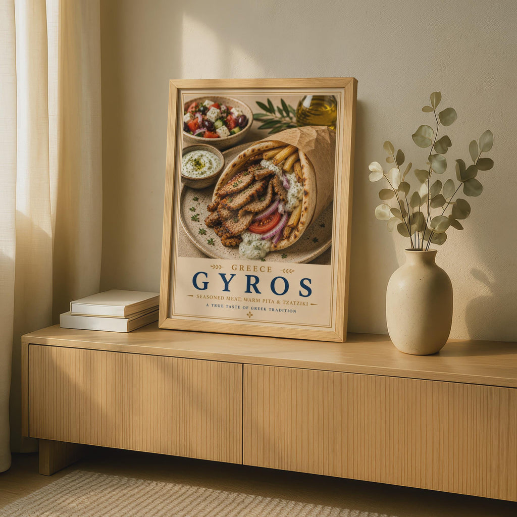 Greek Gyros Food Poster, Greece Kitchen Wall Art, Tzatziki Pita Print, Mediterranean Cuisine Decor