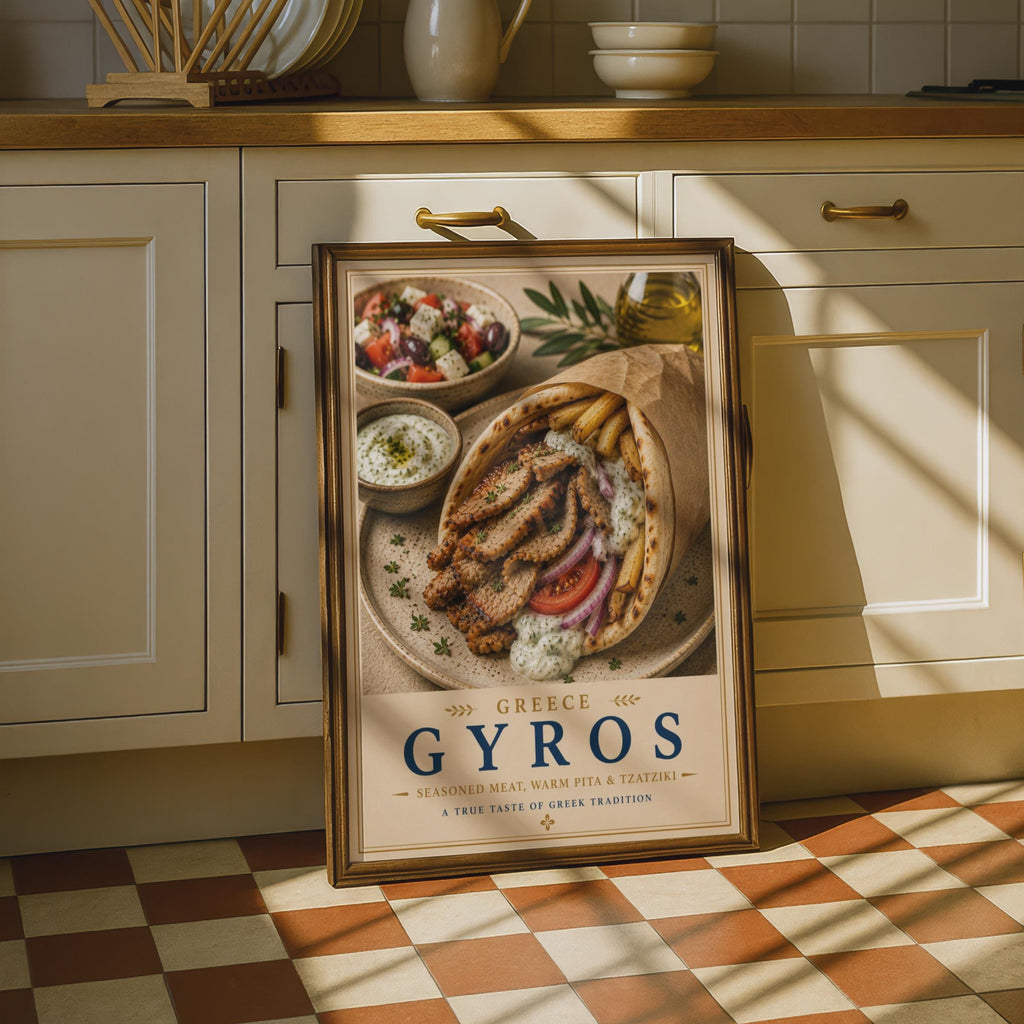 Greek Gyros Food Poster, Greece Kitchen Wall Art, Tzatziki Pita Print, Mediterranean Cuisine Decor