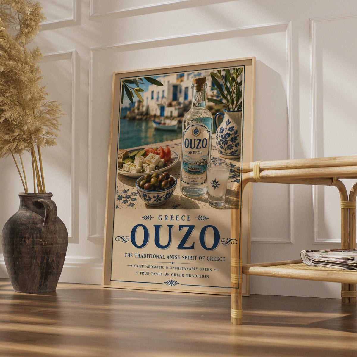 Greek Ouzo Poster, Greece Travel Wall Art, Mediterranean Kitchen Drinks Decor, Blue White