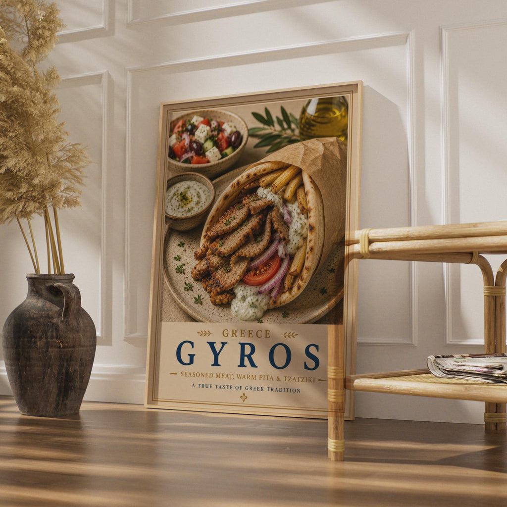 Greek Gyros Food Poster, Greece Kitchen Wall Art, Tzatziki Pita Print, Mediterranean Cuisine Decor
