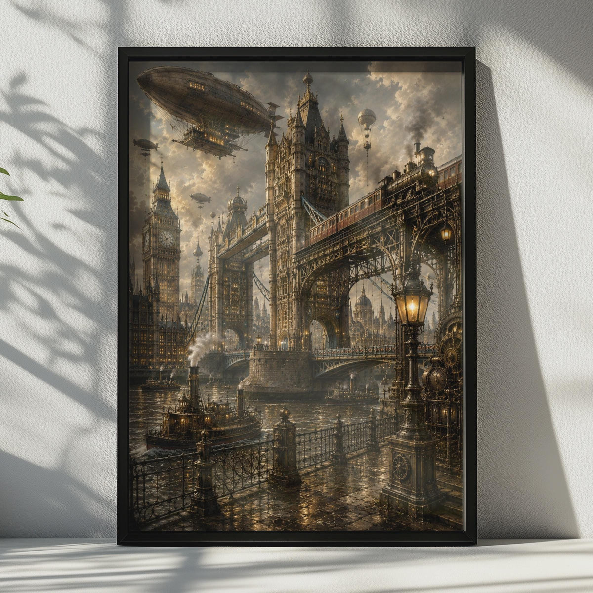 Steampunk London Poster, Tower Bridge, Big Ben, Airships, Gothic City Art (Print)