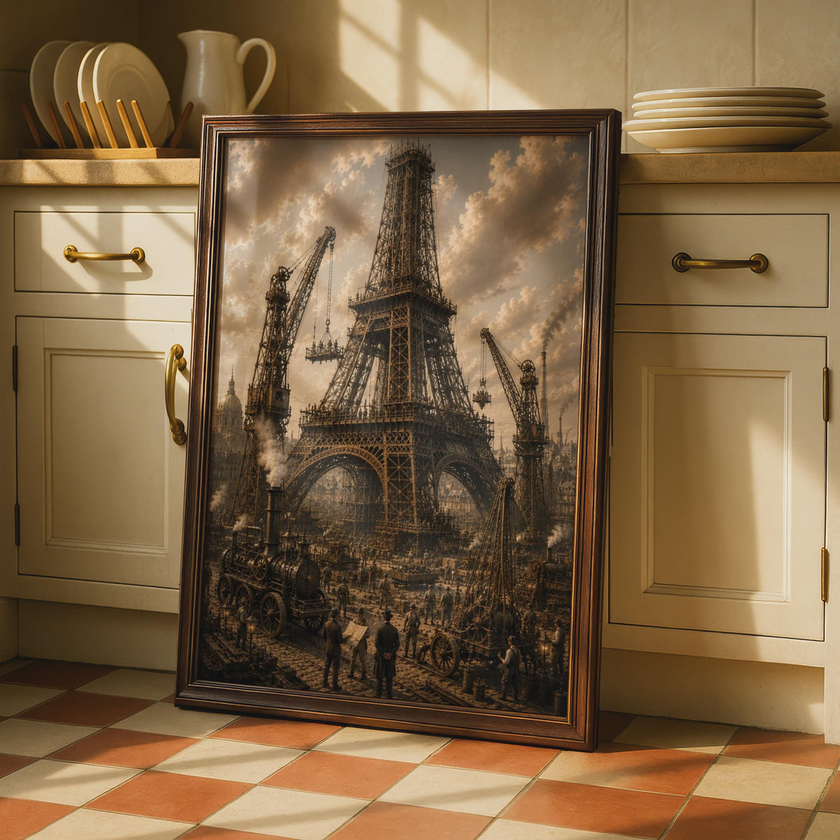 Steampunk Eiffel Tower Construction Poster, Victorian Paris Industrial Art (Sepia Print)