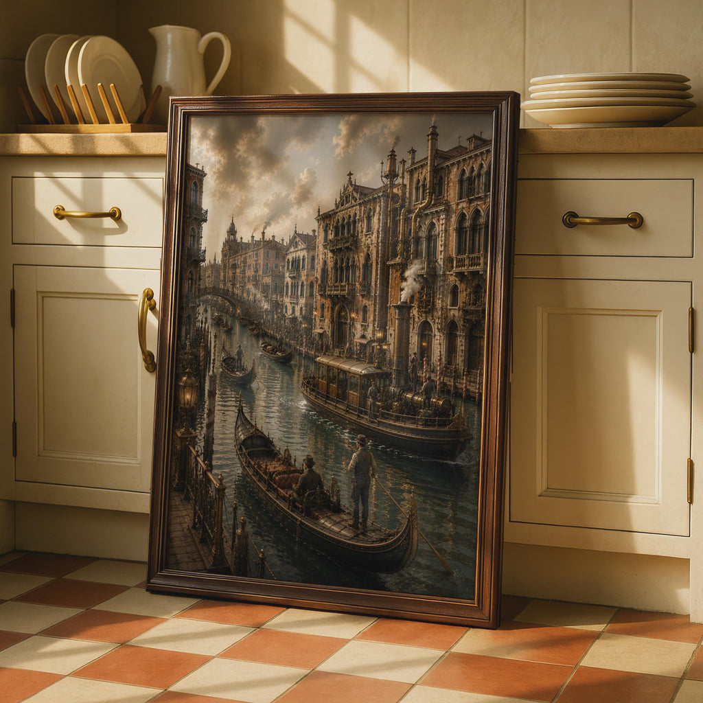 Steampunk Venice Grand Canal Poster, Gothic Gondolas, Victorian Fantasy Art (Print)