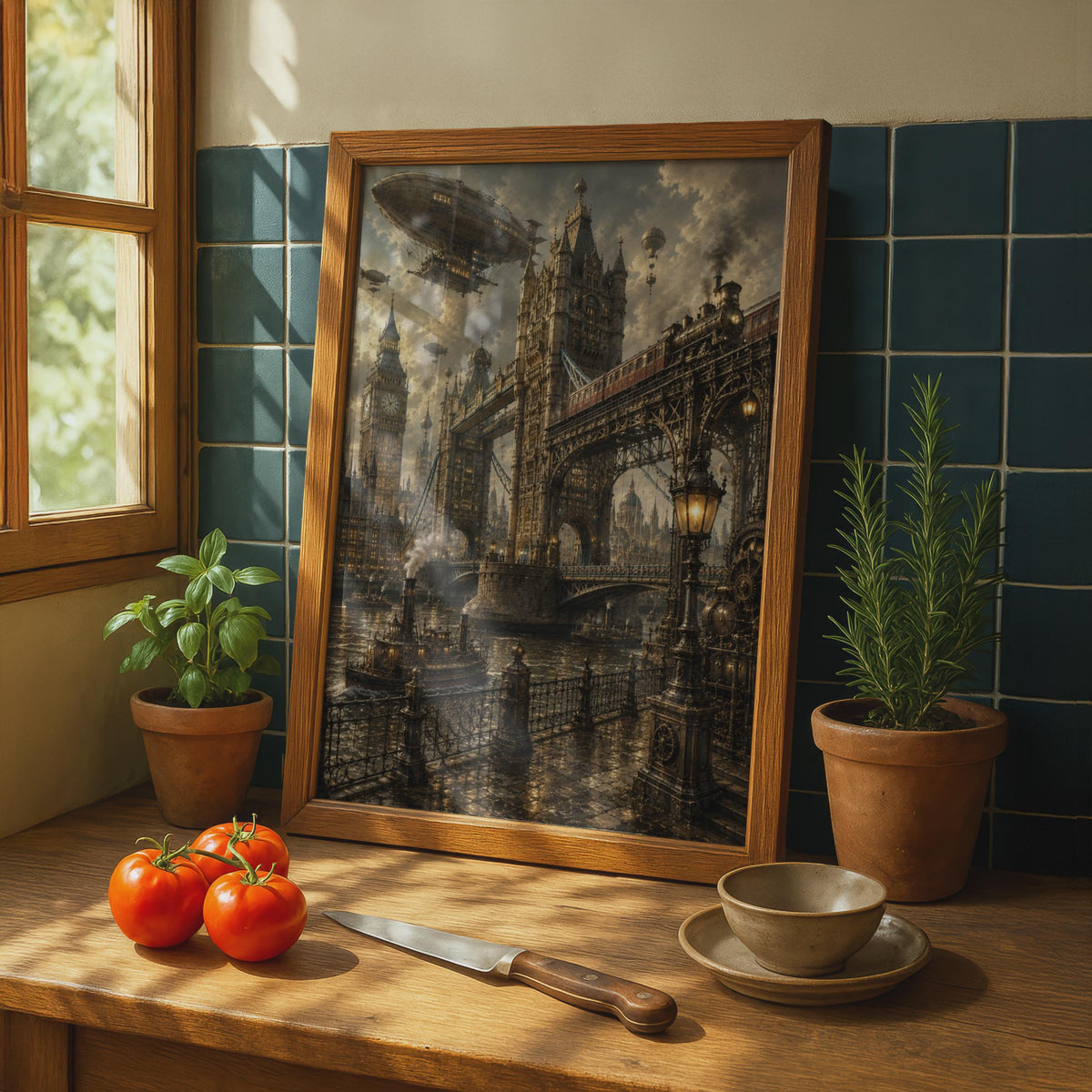 Steampunk London Poster, Tower Bridge, Big Ben, Airships, Gothic City Art (Print)