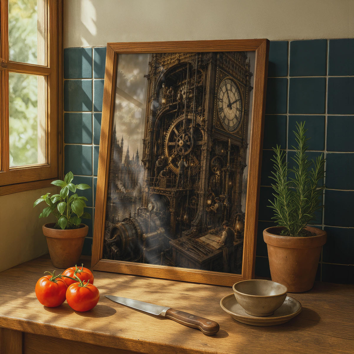 Steampunk Big Ben Clock Tower Poster, Victorian London Gears, Gothic Industrial Art (Print)