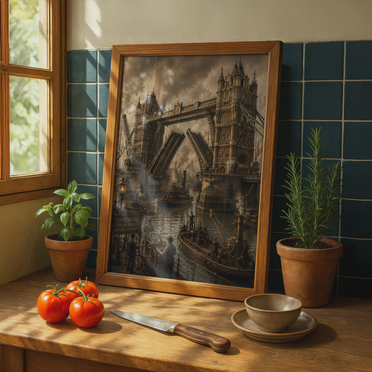 Steampunk Tower Bridge London Poster, Victorian Thames River Art, Gothic Industrial Print (Sepia Tone)