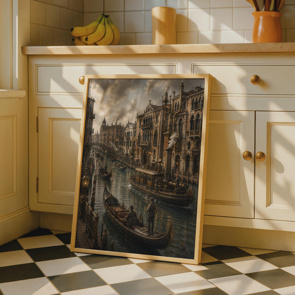 Steampunk Venice Grand Canal Poster, Gothic Gondolas, Victorian Fantasy Art (Print)