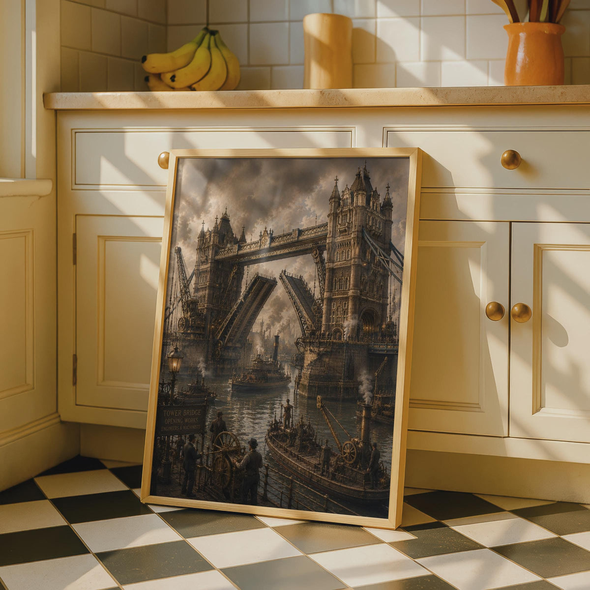 Steampunk Tower Bridge London Poster, Victorian Thames River Art, Gothic Industrial Print (Sepia Tone)