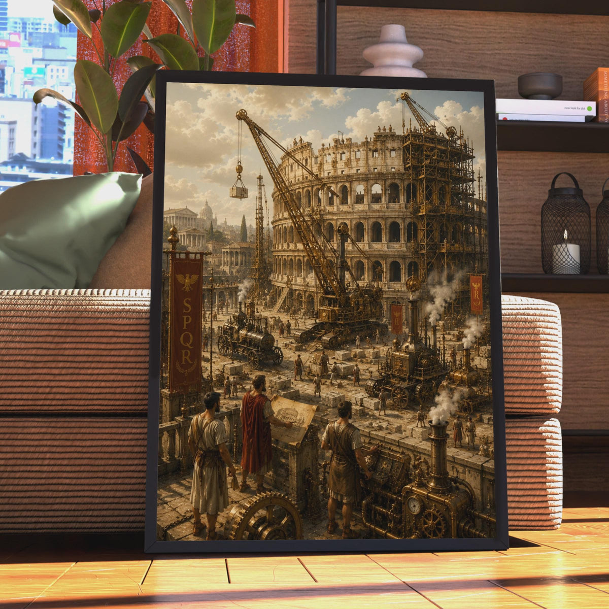 Steampunk Colosseum Construction Poster, Ancient Rome SPQR Wall Art (Print)