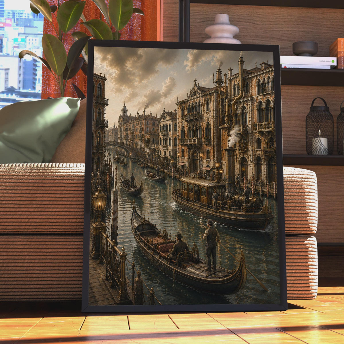 Steampunk Venice Grand Canal Poster, Gothic Gondolas, Victorian Fantasy Art (Print)