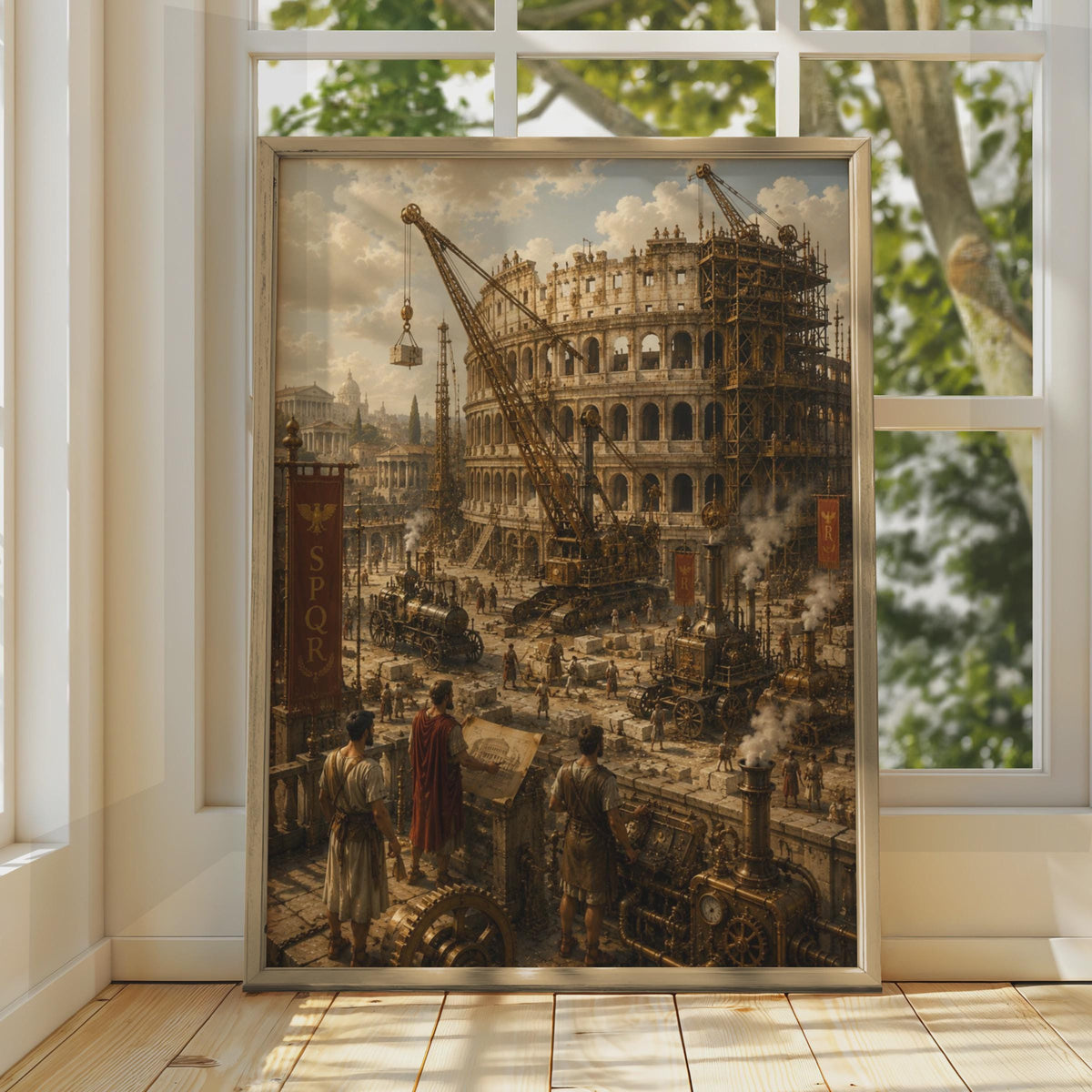 Steampunk Colosseum Construction Poster, Ancient Rome SPQR Wall Art (Print)