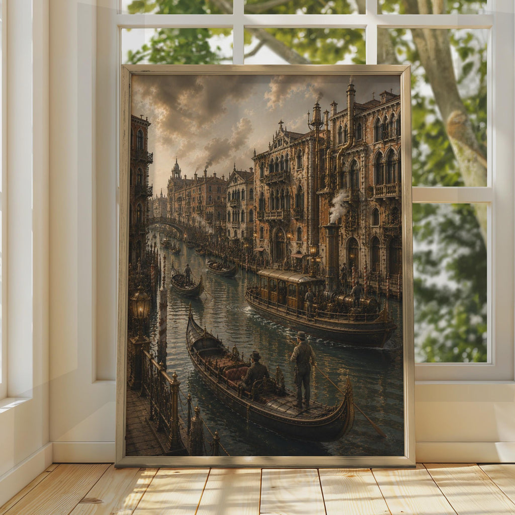 Steampunk Venice Grand Canal Poster, Gothic Gondolas, Victorian Fantasy Art (Print)