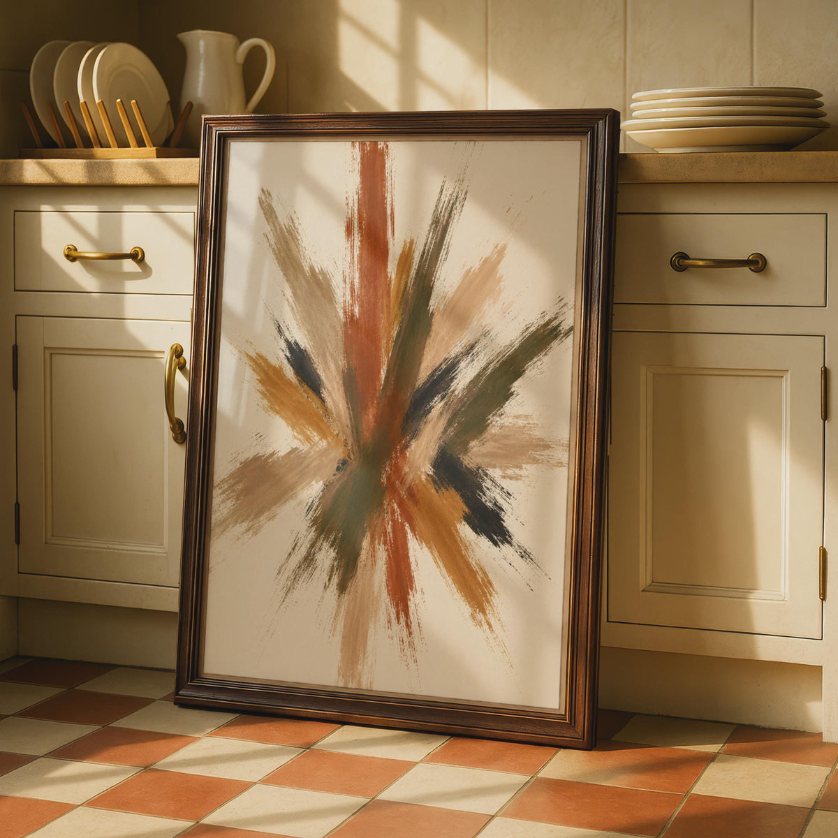 Abstract Brushstroke Poster, Terracotta Olive Burst Wall Art, Earthy Tones Modern Decor