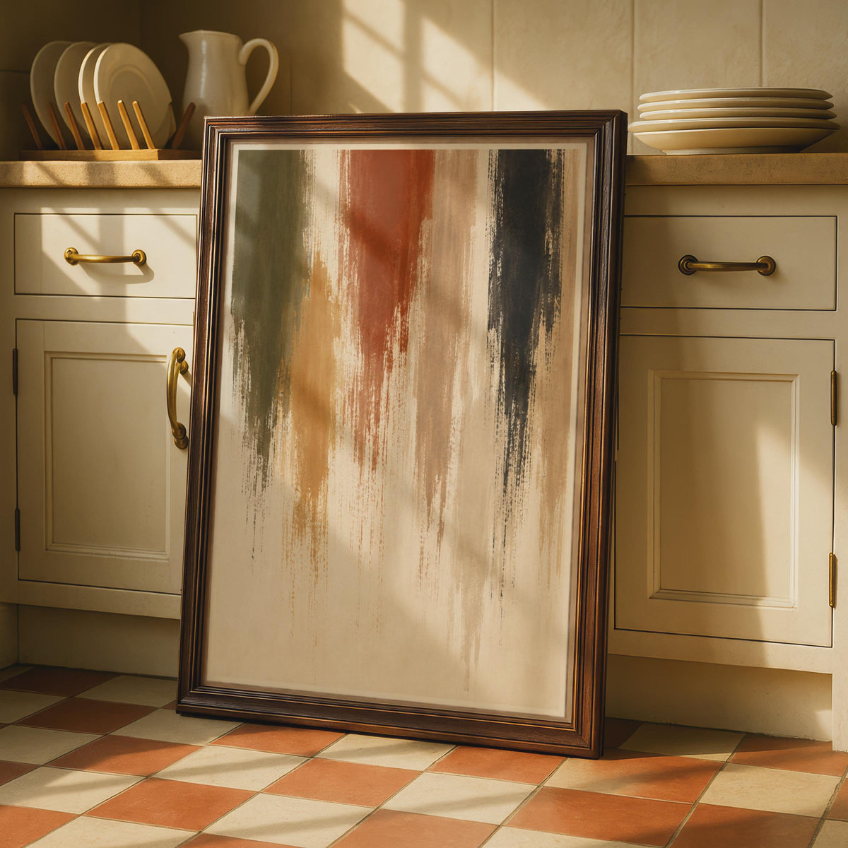 Abstract Expressionist Poster, Terracotta Olive Black Brushstrokes, Earthy Tones Wall Art