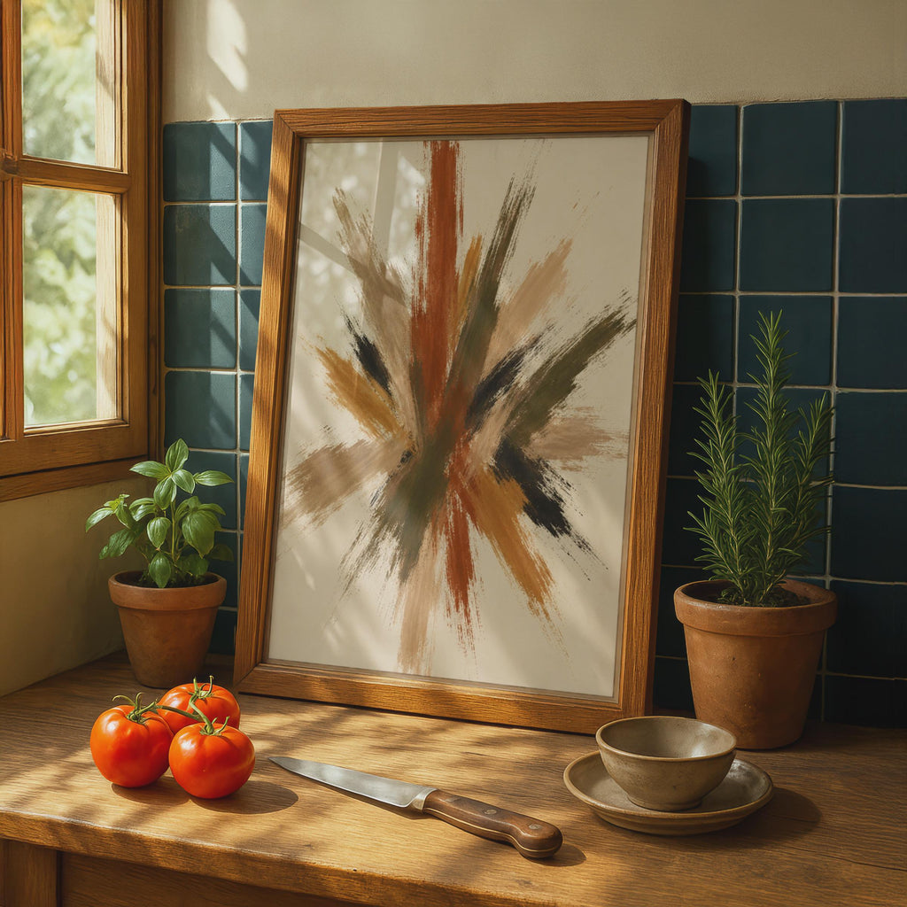 Abstract Brushstroke Poster, Terracotta Olive Burst Wall Art, Earthy Tones Modern Decor