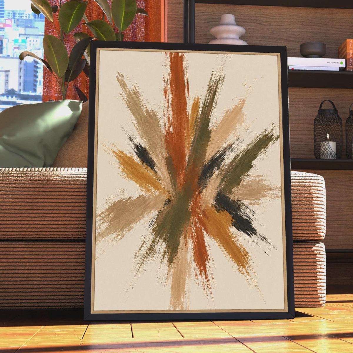 Abstract Brushstroke Poster, Terracotta Olive Burst Wall Art, Earthy Tones Modern Decor