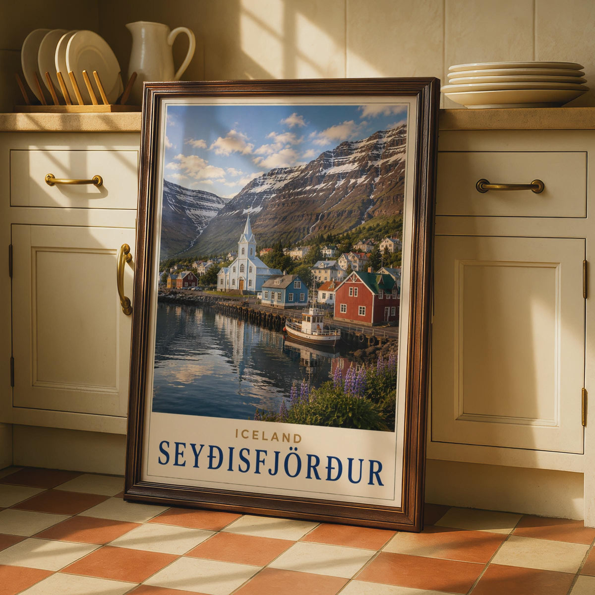 Seydisfjordur Iceland Travel Poster, Nordic Fjord Village, Snow Mountains (Print)