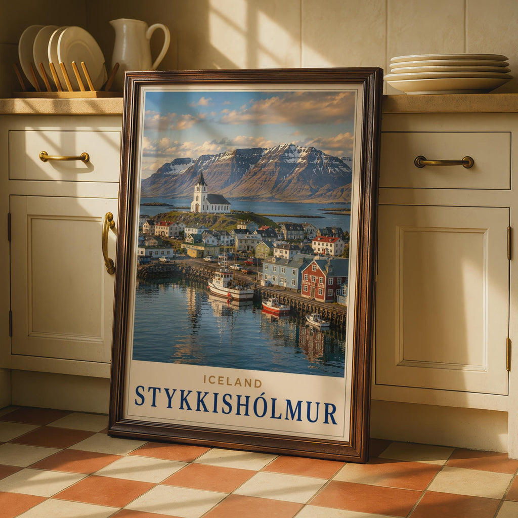 Stykkisholmur Iceland Travel Poster, Nordic Harbour Town, Snæfellsnes Peninsula Decor
