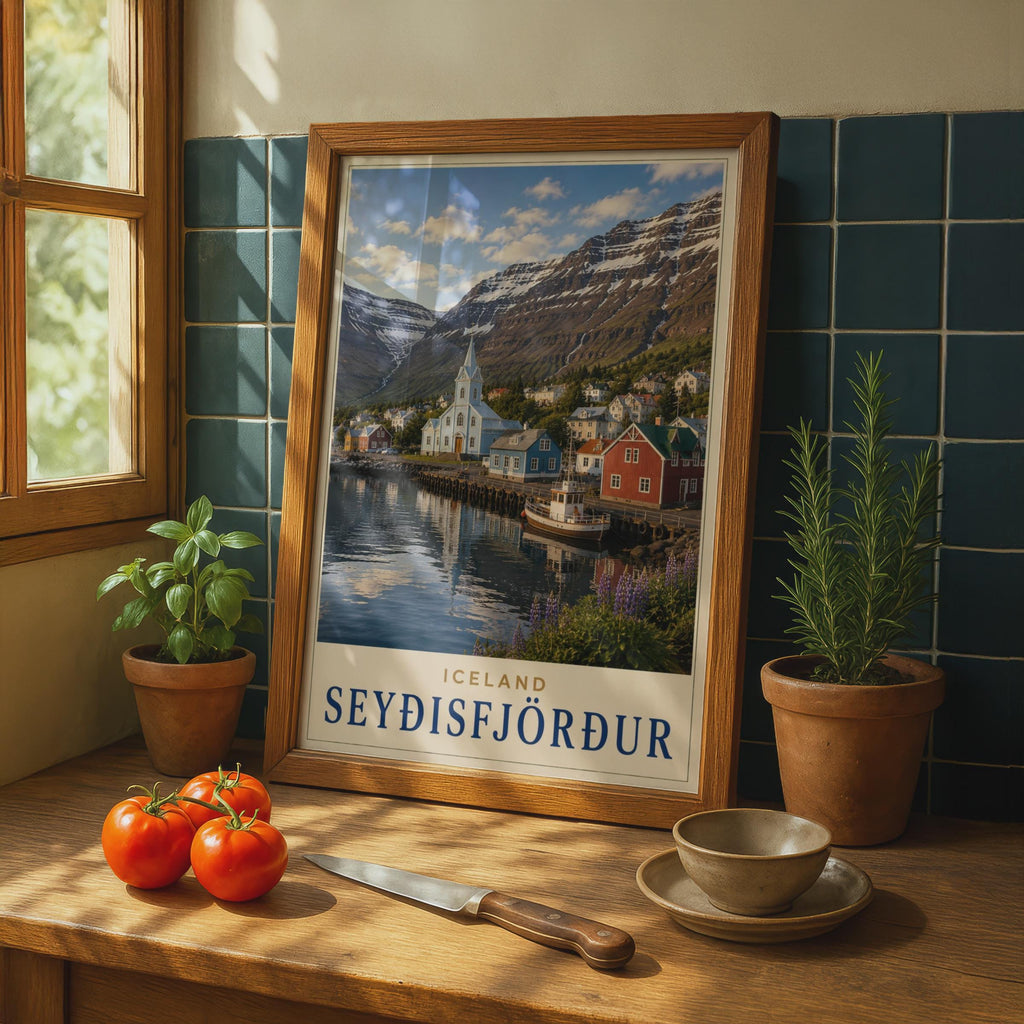 Seydisfjordur Iceland Travel Poster, Nordic Fjord Village, Snow Mountains (Print)