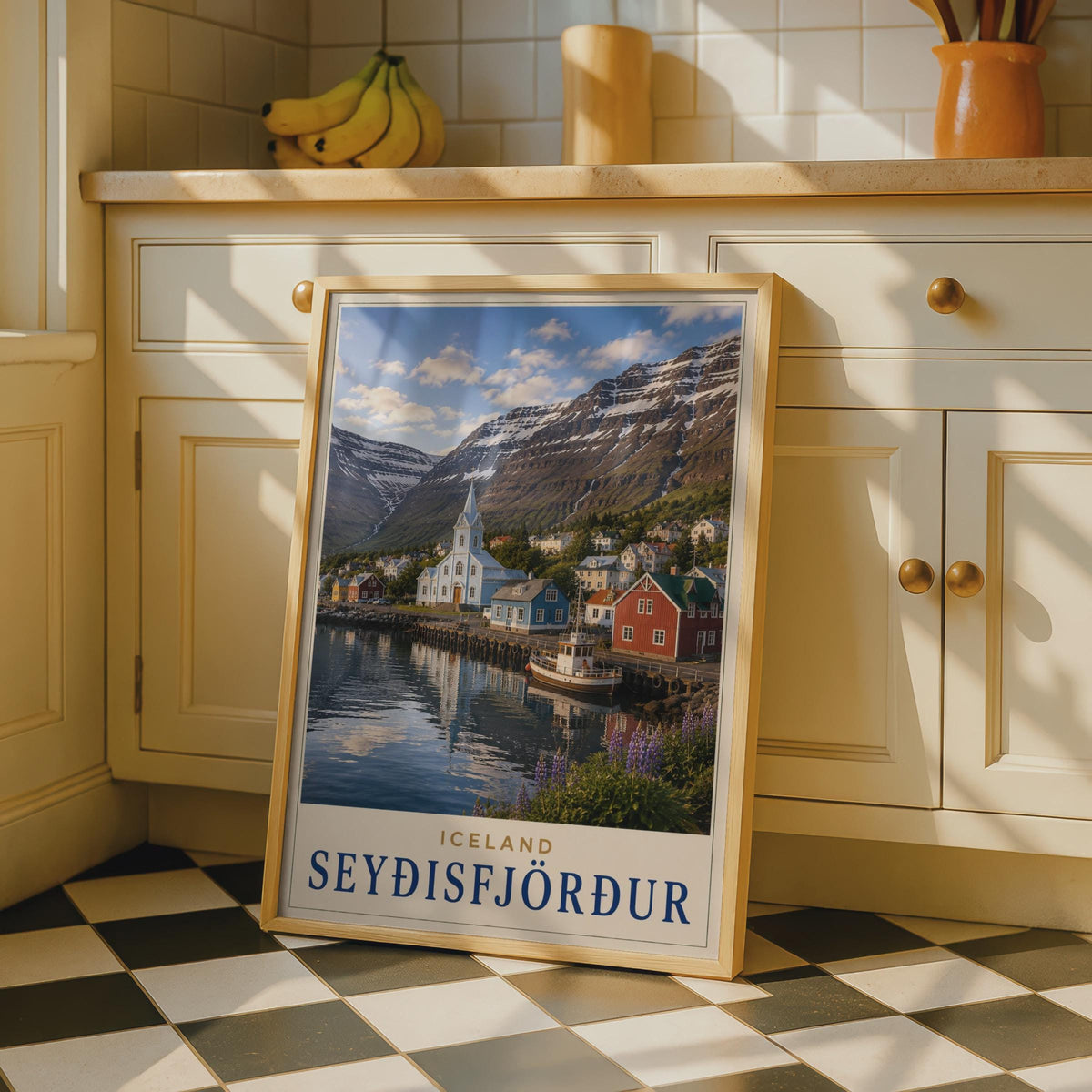 Seydisfjordur Iceland Travel Poster, Nordic Fjord Village, Snow Mountains (Print)