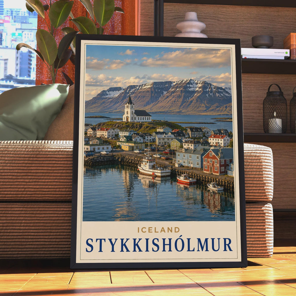 Stykkisholmur Iceland Travel Poster, Nordic Harbour Town, Snæfellsnes Peninsula Decor