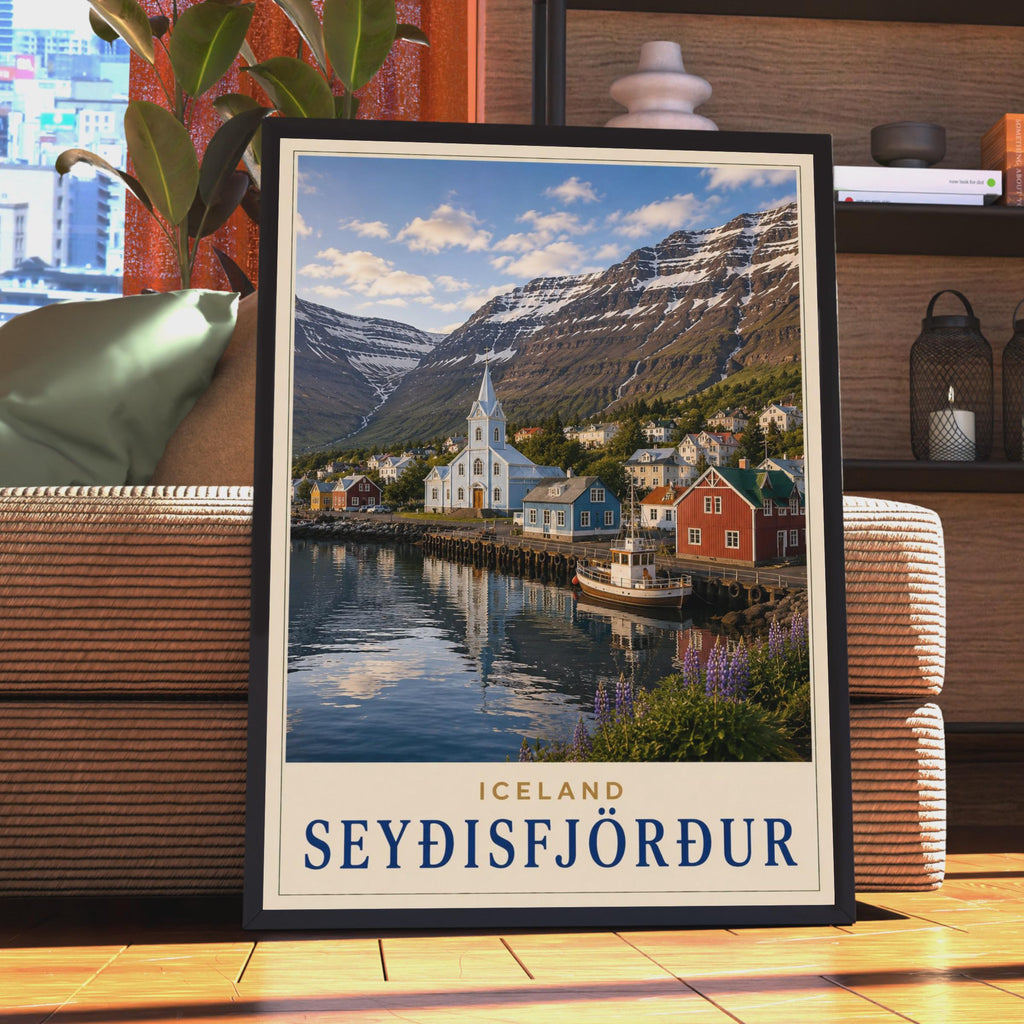 Seydisfjordur Iceland Travel Poster, Nordic Fjord Village, Snow Mountains (Print)