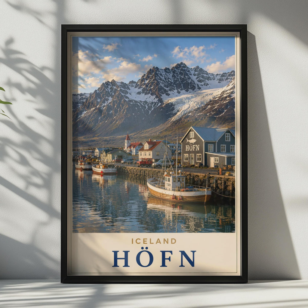 Hofn Iceland Travel Poster, Snowy Mountains, Fishing Village, Nordic Coastal Art (Print)