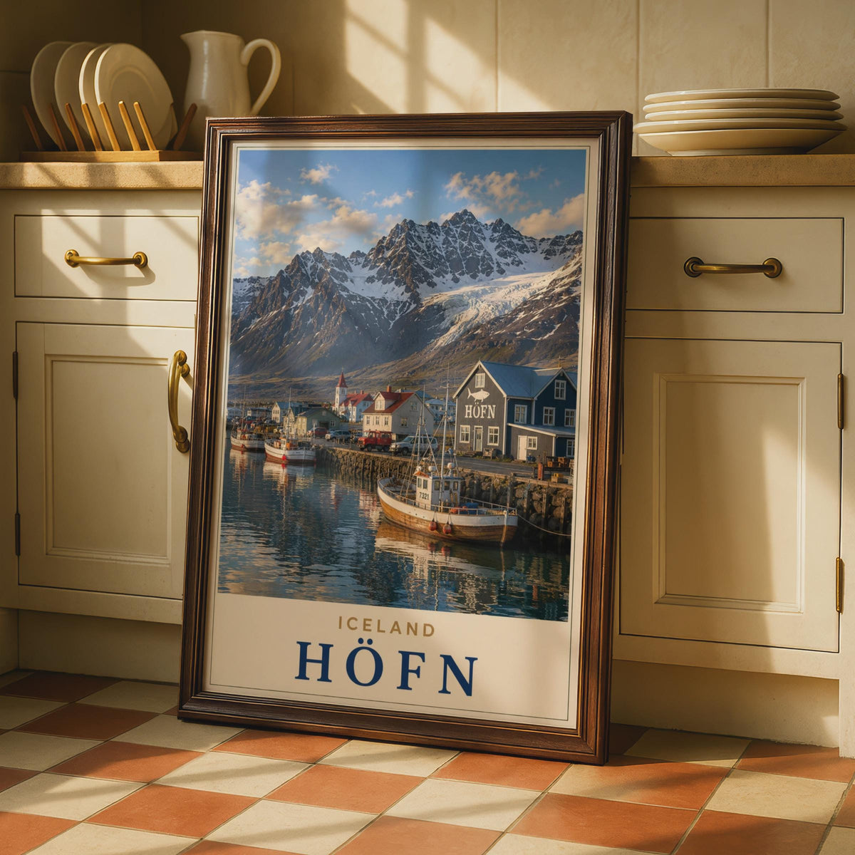Hofn Iceland Travel Poster, Snowy Mountains, Fishing Village, Nordic Coastal Art (Print)