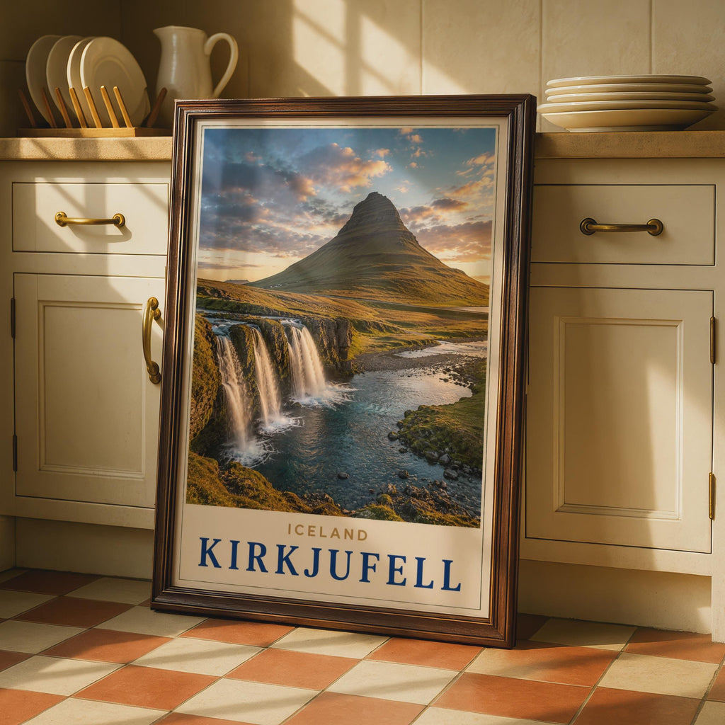 Kirkjufell Iceland Travel Poster, Mountain Waterfall Landscape Print (Nordic Nature Photography)
