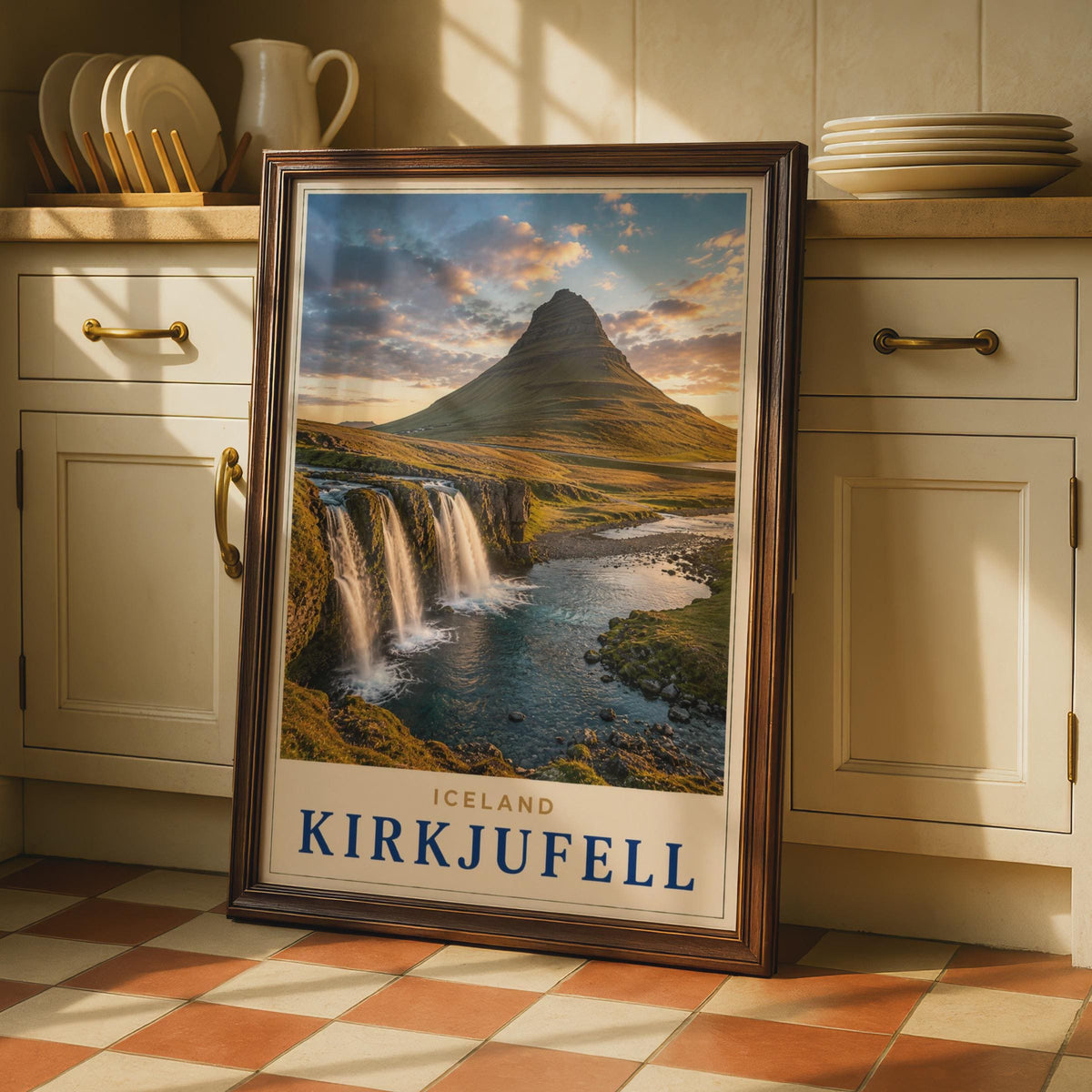 Kirkjufell Iceland Travel Poster, Mountain Waterfall Landscape Print (Nordic Nature Photography)