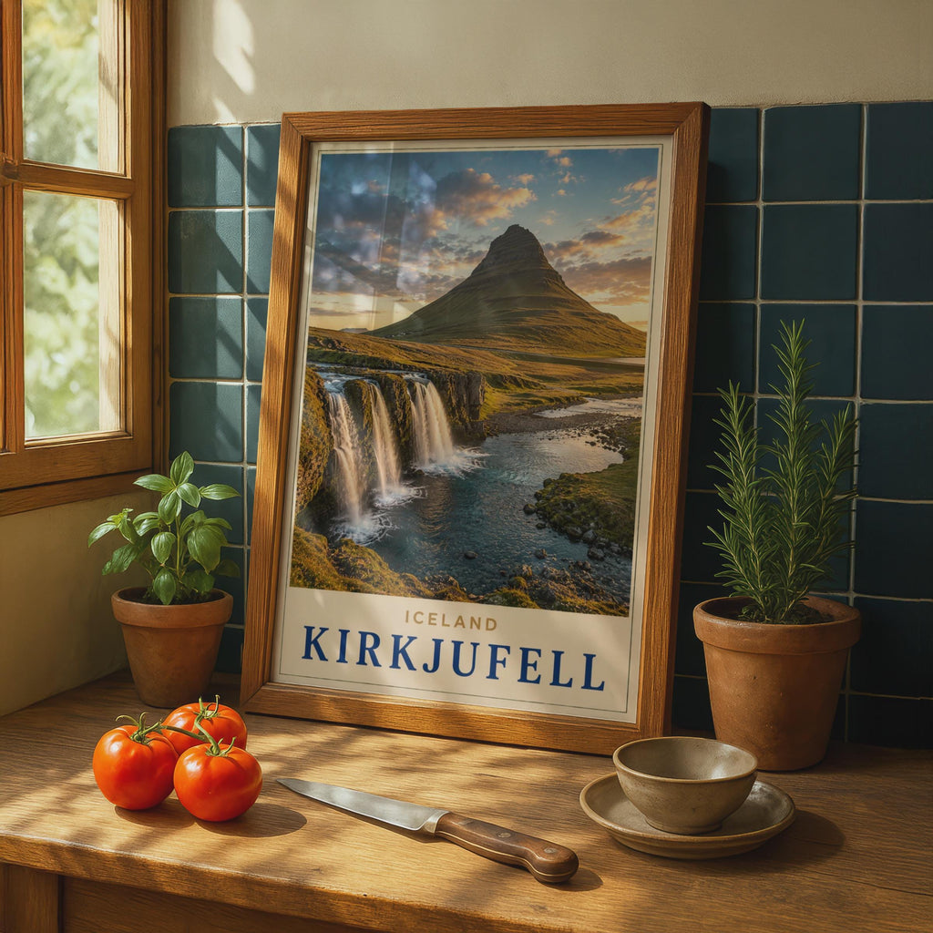 Kirkjufell Iceland Travel Poster, Mountain Waterfall Landscape Print (Nordic Nature Photography)