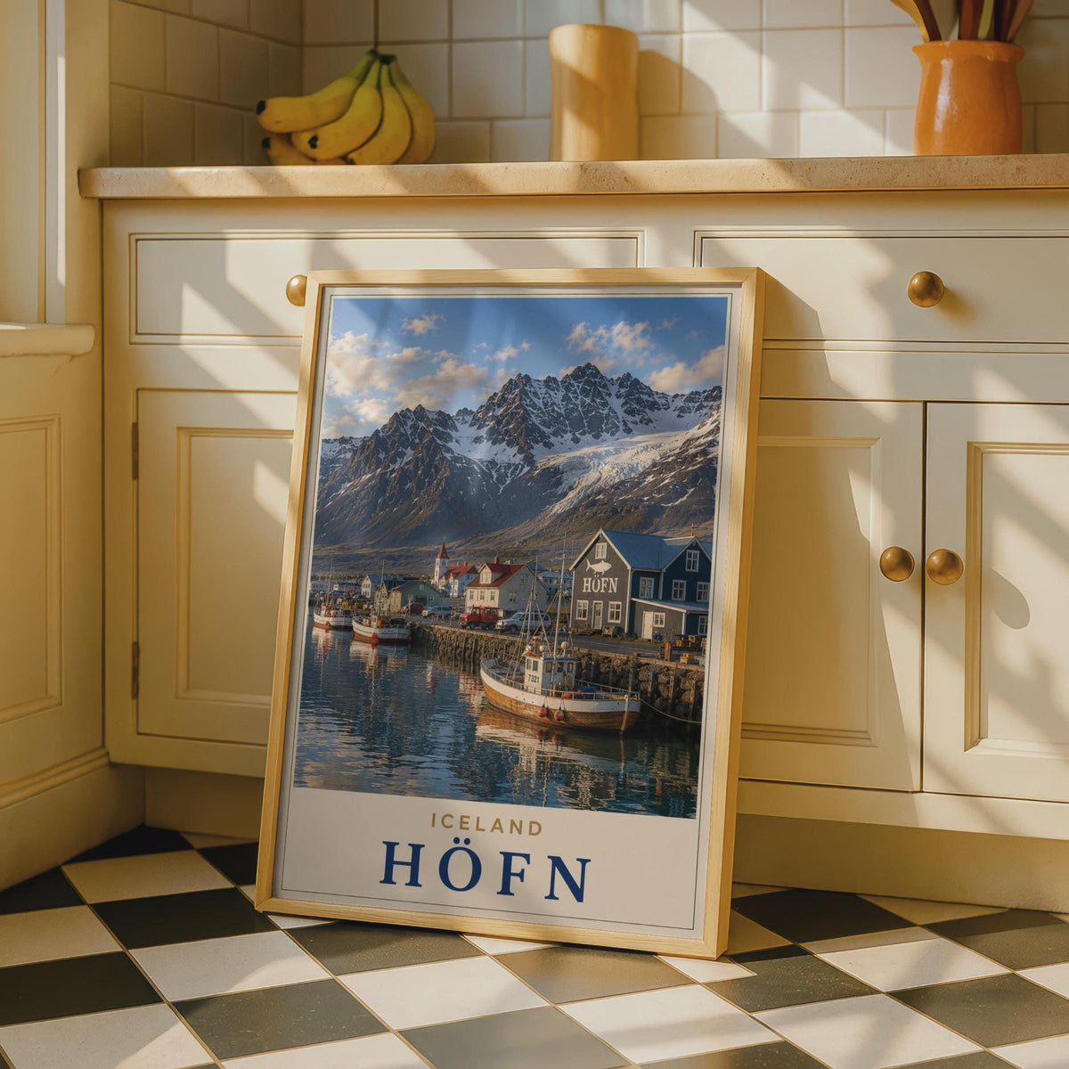 Hofn Iceland Travel Poster, Snowy Mountains, Fishing Village, Nordic Coastal Art (Print)