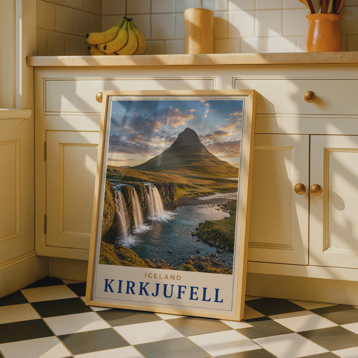 Kirkjufell Iceland Travel Poster, Mountain Waterfall Landscape Print (Nordic Nature Photography)