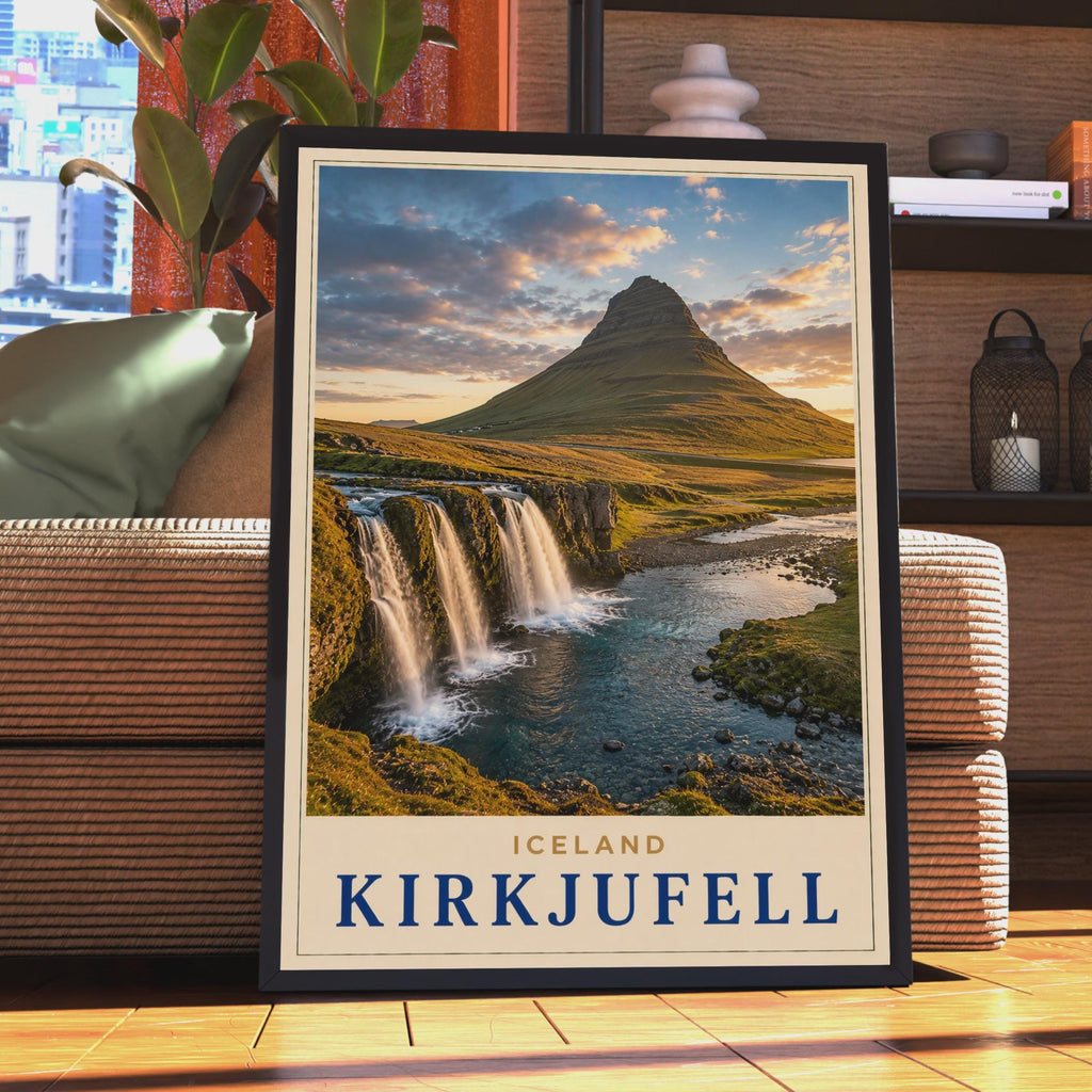 Kirkjufell Iceland Travel Poster, Mountain Waterfall Landscape Print (Nordic Nature Photography)