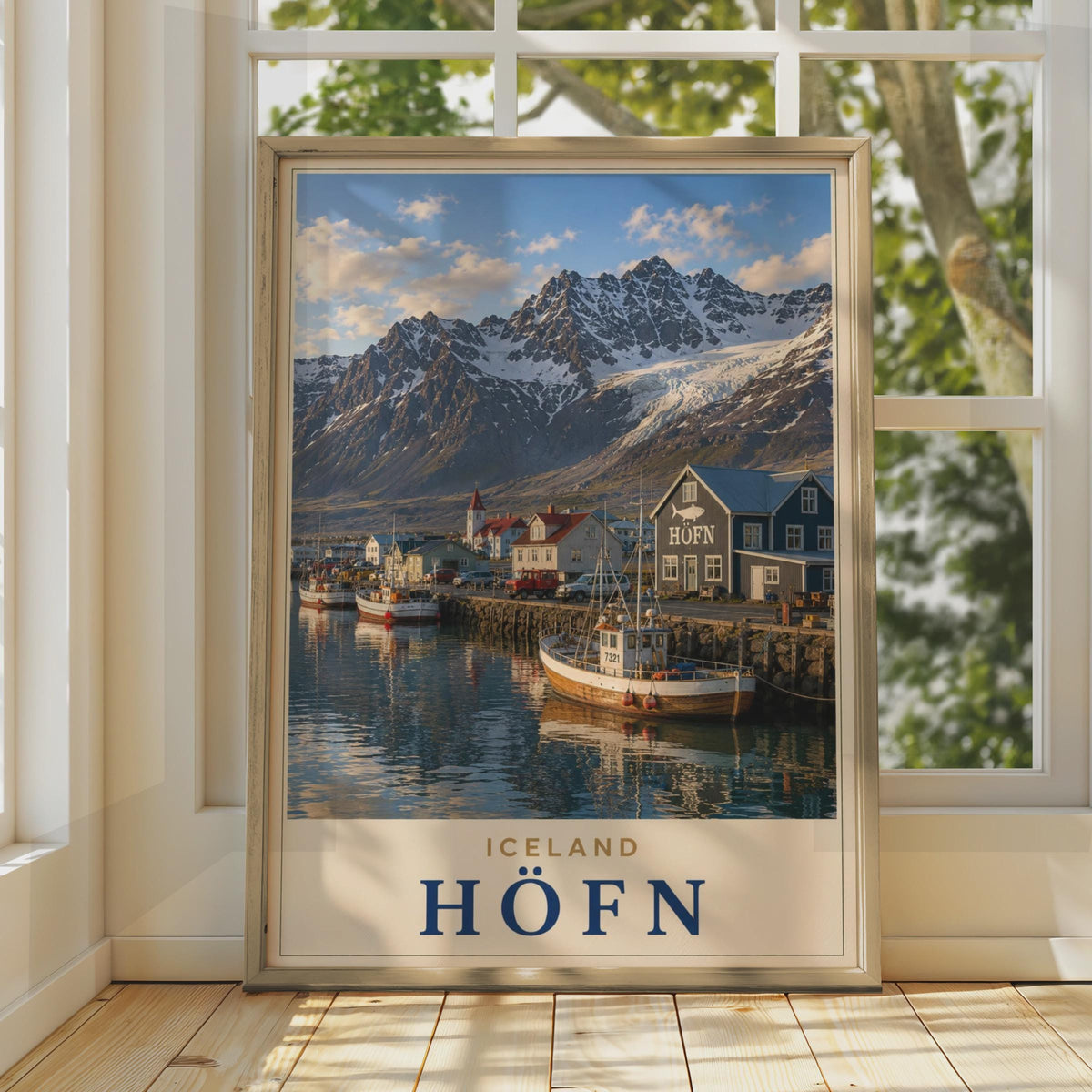 Hofn Iceland Travel Poster, Snowy Mountains, Fishing Village, Nordic Coastal Art (Print)