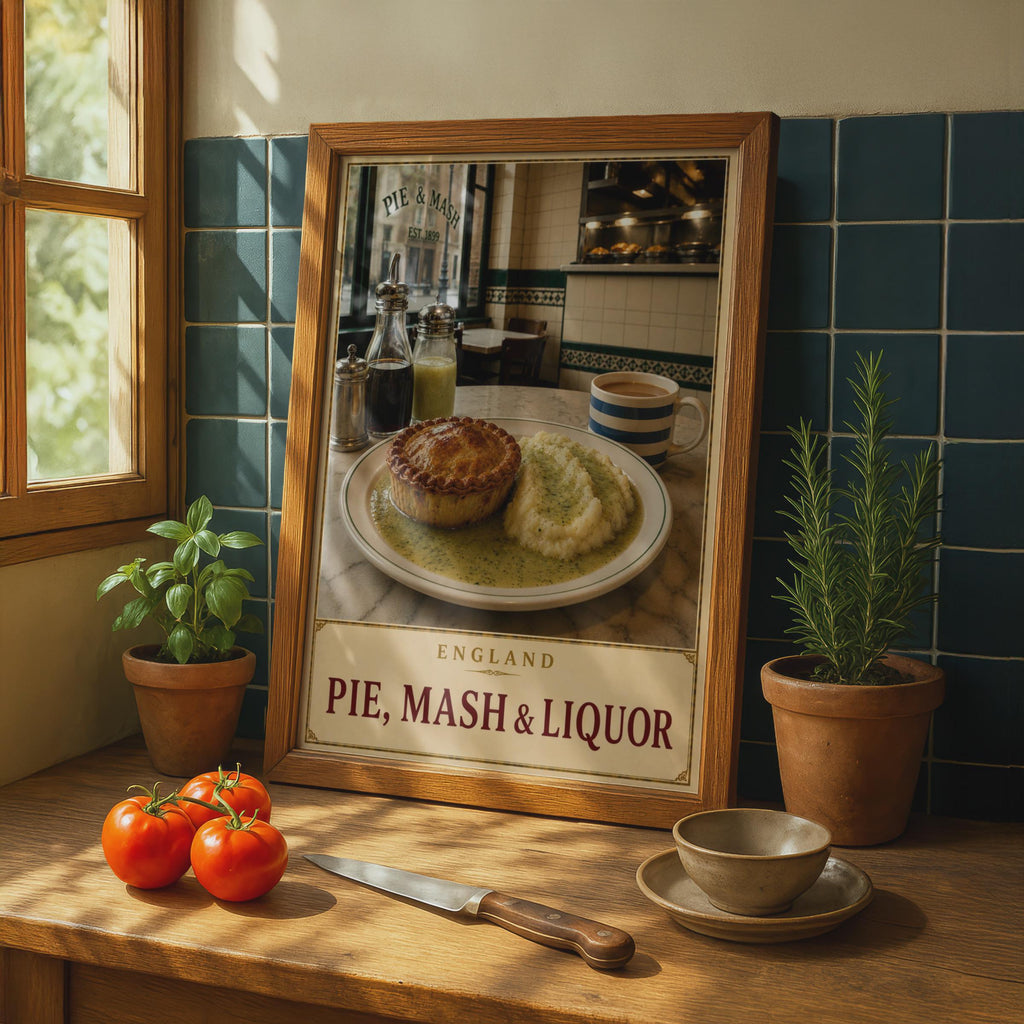 Vintage London Pie Shop Poster, Traditional English Food Art, Cockney Culture Gift