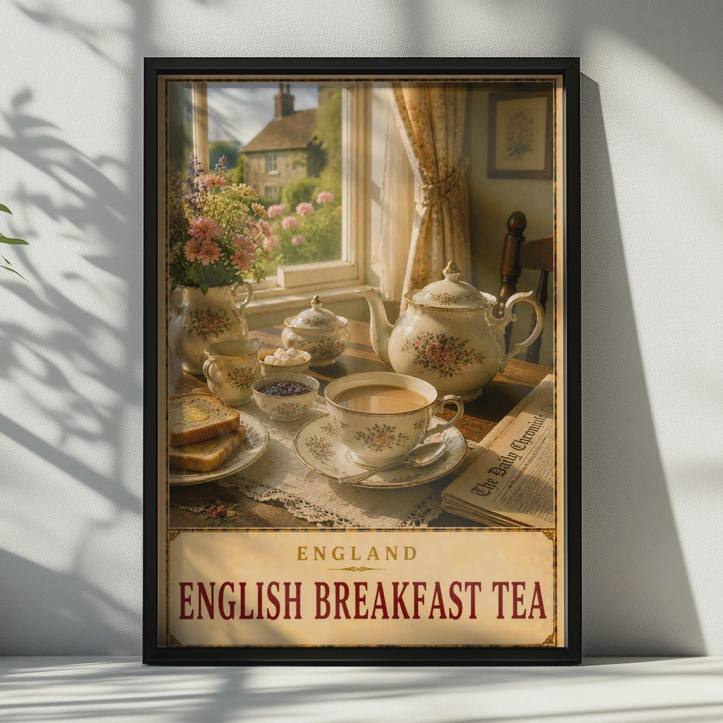 English Breakfast Tea Poster, Vintage Countryside Kitchen Art, Floral China Teapot Print